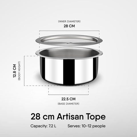 Stahl Triply Stainless Steel Tope with Lid I Stainless Steel Patila I Induction Base Tri Ply Tope 7.2 Litre I Artisan 4528, Dia 28 cm