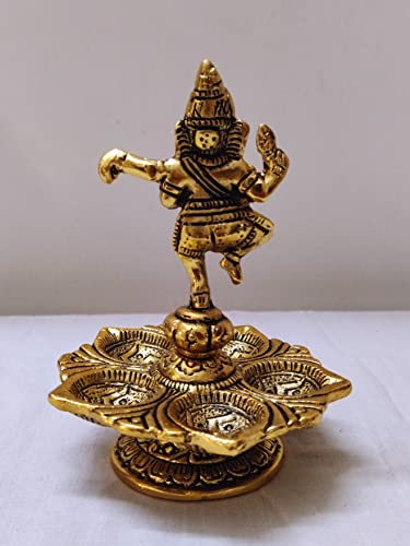 Puja Celebrations Dancing Ganesha Diya Over Ethnic Legs Five Oil Wick Diya Panch Mukhi Deepam(Gold Plated)