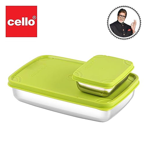 CELLO Max Steel Lunch Box, 2 Units, Green | Stainless Steel Lunch Box with Inner Veg Box | Tiffin Box with Air-Tight Lid | Ideal for Office and School for Healthy Meal Storage, Big