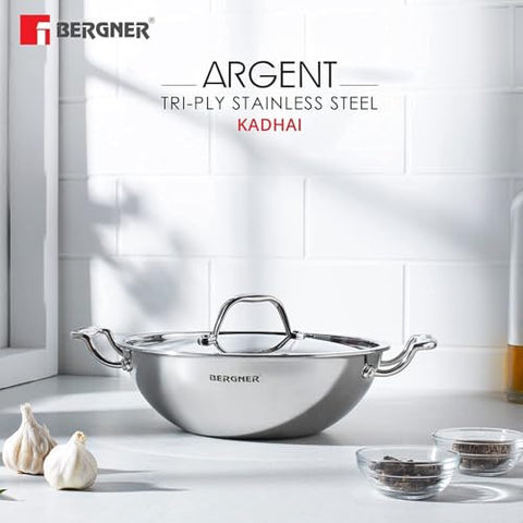 Bergner Argent Tri-Ply 22 cm / 2.8 L Stainless Steel Deep Kadai with Stainless Steel Lid, 2.5mm Thickness - Induction Bottom BGIN-1542