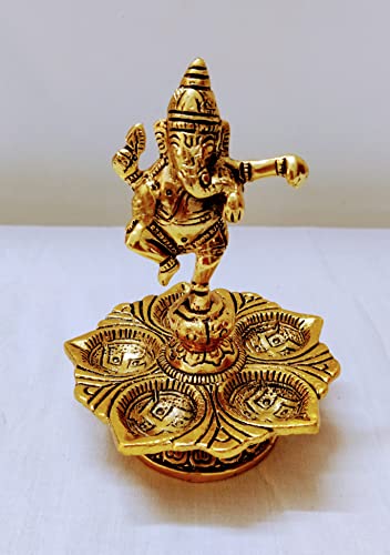 Puja Celebrations Dancing Ganesha Diya Over Ethnic Legs Five Oil Wick Diya Panch Mukhi Deepam(Gold Plated)