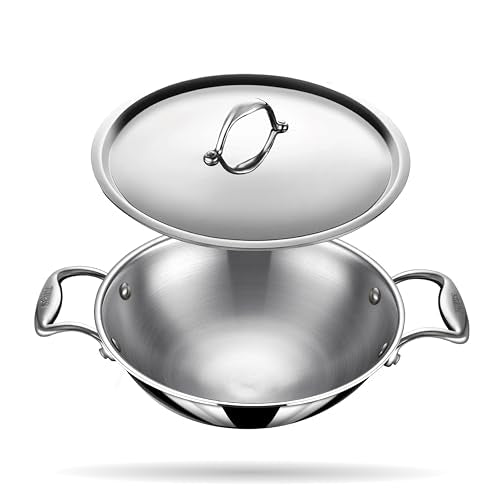 Stahl Artisan Triply Stainless Steel Round Bottom Kadhai with Lid, Extra deep kadai, Stainless Steel Cookware Tri Ply Kadhai, 1.8 L, 20 cm