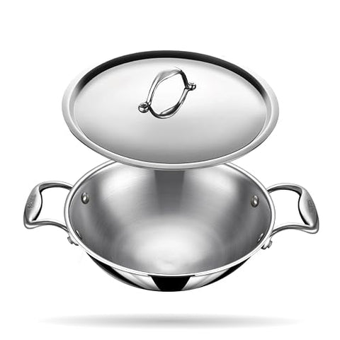 Stahl Artisan Triply Stainless Steel Round Bottom Kadhai with Lid, Extra deep kadai, Stainless Steel Cookware Tri Ply Kadhai, 1.8 L, 20 cm