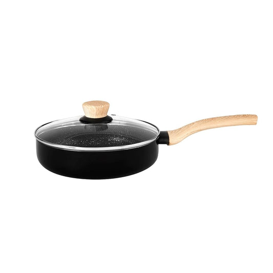 Bergner Bellini Aura NonStick 22 cm Rivetless Deep Fry Pan, Glass Lid, For Low Oil Gravy/Stir-Fry/Desserts, Wood-Textured Bakelite Handles, 5-Layer Coating, Enhanced Hygiene & Durability, Induction & Gas ready, 1-Year Warranty