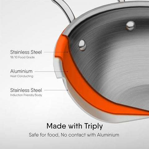 Stahl Artisan Triply Stainless Steel Round Bottom Kadhai with Lid, Extra deep kadai, Stainless Steel Cookware Tri Ply Kadhai, 1.8 L, 20 cm