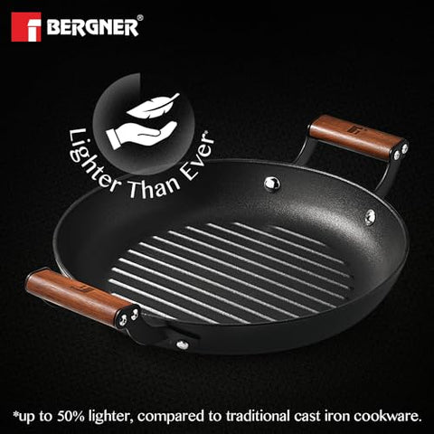 BERGNER Odin 28 cm Cast Iron Grill Plate, Round Grilled Plate with