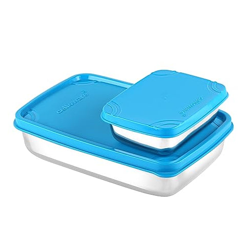 Cello Max Steel Lunch Box, 2 Pcs, Blue | Stainless Steel Lunch Box with Inner Veg Box | Tiffin Box with Air-Tight Lid | Ideal for Office and School for Healthy Meal Storage, Small