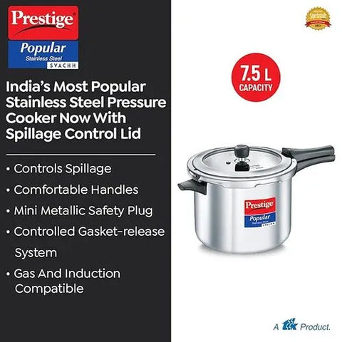 Prestige Popular Svachh Spillage Control SS Pressure Cooker 7.5L
