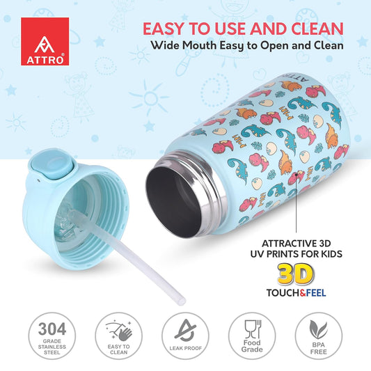 ATTRO Jolly Vacuum Insulated Stainless Steel Kids Water Bottle, 330ml – Leakproof, BPA-Free, Long Temperature Retention, Easy-to-Carry, Cute Dino Fun Blue Print for School & Travel