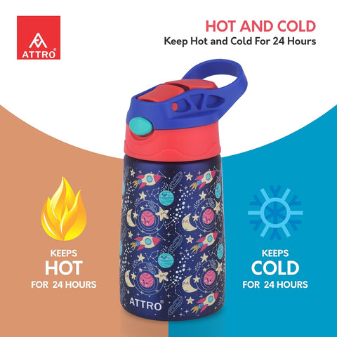 ATTRO Kinder Vacuum Insulated ISI certified Stainless Steel Water Bottle – 330ml, Leakproof, BPA-Free, Eye-Catchy Prints, Ideal for Kids School, Picnic, Travel & Daily Use – Galaxy Space Navy
