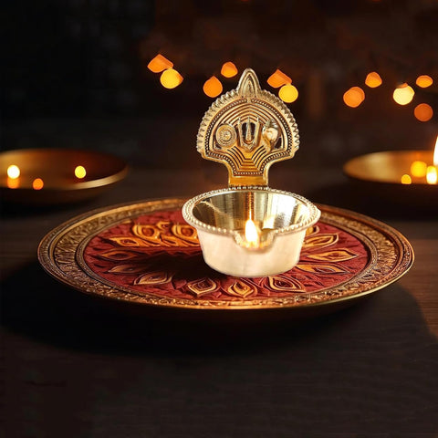 Brass Shankh Chakra Flate Diya Brass (Pack of 2) Table Diya