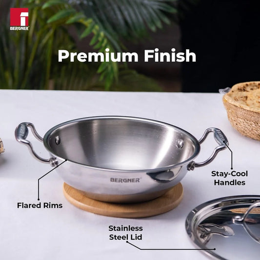 Bergner Argent Tri-Ply Stainless Steel Deep Kadai (24cm) With Lid