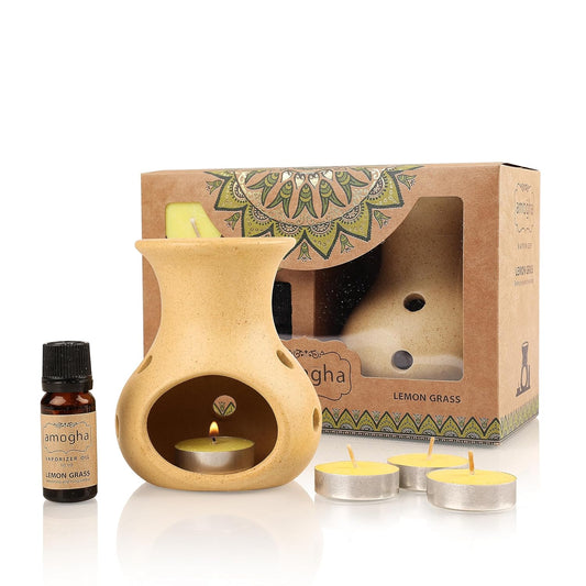 Amogha Ceramic Fragrance Vaporizer with 4 Tealights and 10Ml Vaporizer Oil (Lemon Grass)