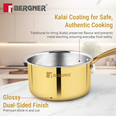 Bergner Peetlam Saucepan with Lid 16cm (1.6L), Traditional Brass Saucepan with Tin (Kalai) Coated, Healthy Cooking, Ergonomic PVD Gold Handle with Comfortable Grip, Durable - Gas Stove Compatible