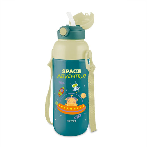Milton Steel Indus 600 Thermoware PU Insulated, 500 ml Water Bottle with Straw for Kids, Leak Proof Flip Top Sipper Lid Bottle, School, Picnic, Easy to Carry Belt, Dark Green