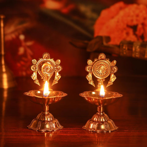 Agromech Handicraft Shankh Chakra Kuber Deep/Diya Brass (Pack of 2) Table Diya Set
