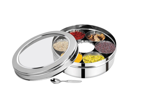 CDM Solitaire SS Masala Dabba No.11 for Kitchen See-Through Lid With 7 Containers, 1 Spoon