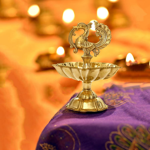 Peacock Design Brass Diya | Traditional Oil Lamp for Pooja | Kuthu Vilakku Decoration Items for Home Decor