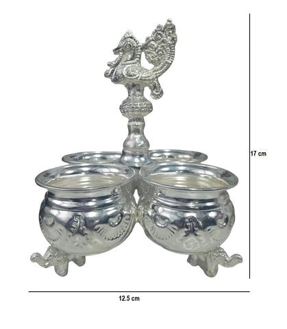 German Silver 4 Cups Panchwala Haldi Kumkum Holder – Decorative Puja Showpiece & Gift