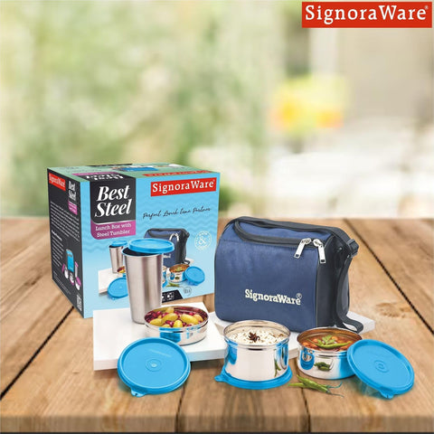 SignoraWare Stainless Steel Lunch Box with Bag | Airtight & Leakproof | Retain Freshness & Crispness | Perfect for Office Executives, College Students & Travelers (200ml+350ml+500ml+420ml | Blue)