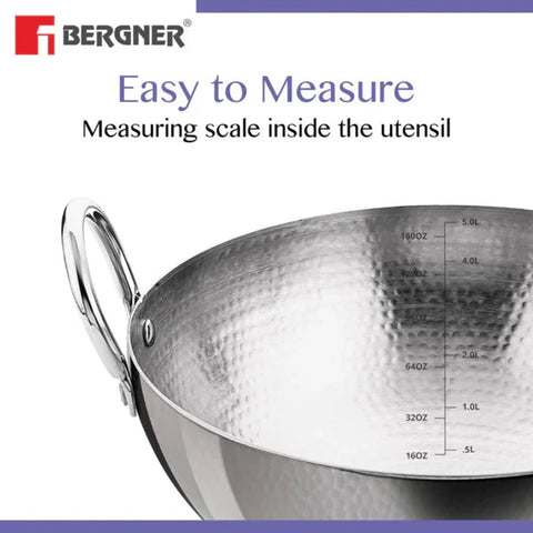 Be Bergner 20cm (1.85L) Stainless Steel Hammered Kadhai, (Induction Base) - 6216