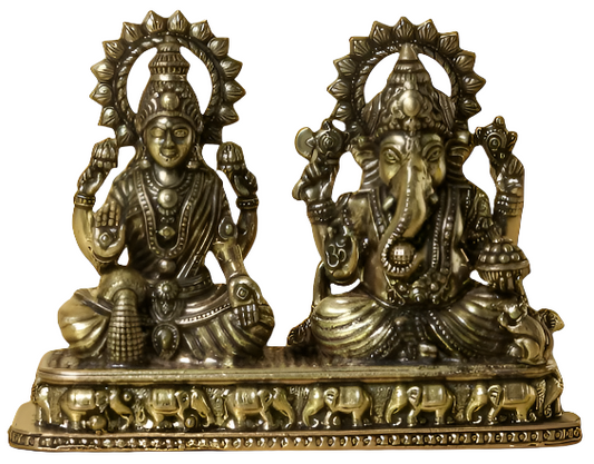 Small 3D Brass Goddess Lakshmi and Lord Ganesha Statue