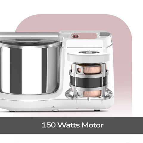 Ultra Mini 1.25 Litre Table Top Wet Grinder - White | Fast Grinding Conical Stones, 85W Power & 5 Years Warranty | AISI 304 Food-Grade SS Multi Utility Cylindrical Drum, Compact Design for Kitchen