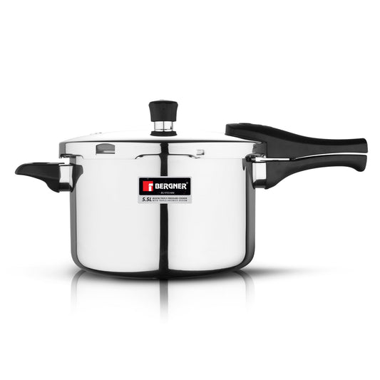 Bergner Argent Elements Triply Stainless Steel 5.5 L Outer Lid Pressure Cooker, Triply Bottom Pressure Cooker, Safety Gasket and GRS, Mirror Finish, Induction Bottom and Gas Ready - Silver