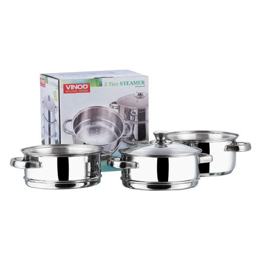 Vinod Stainless Steel 3-Tier Steamer with Glass Lid, 18 cm | Multi-Purpose Steamer for Momos, Modaks, Vegetables & More | Riveted Handles | Induction & Gas Base | 2 Yr Warranty