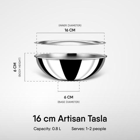 Stahl Artisan Triply Stainless Steel Tasla with Lid, 0.8 L, 16 cm, Kadai Induction Base, Kadhai Without Handle, Induction & Gas Stove Compatible