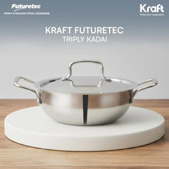 Kraft Futuretec Triply Stainless Steel Kadai with Lid – 4.5 Litre (28 cm), 2.5 mm Thick Extra Deep Kadai | Large Size for Family Cooking & Parties | Healthy Cooking with Less Oil | 5 Years Warranty