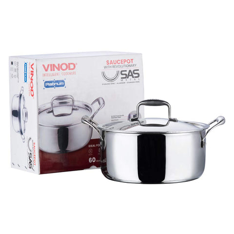 Vinod Platinum Triply Stainless Steel Saucepot with Lid - 8 Litre, 30 cm | 2.5mm Thick | SAS Bottom | Biryani Pot | Induction and Gas Base | 5 Year Warranty - Silver