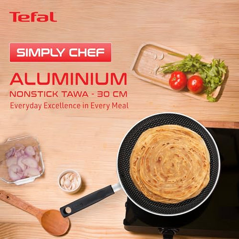 Tefal Simply Chef 30 cm Flat Tawa | Resist Plus Non-Stick Coating | Silicon Non-Slip Handle | Easy Cooking & Cleaning | Two Way Coating | 100% PFOA Safe