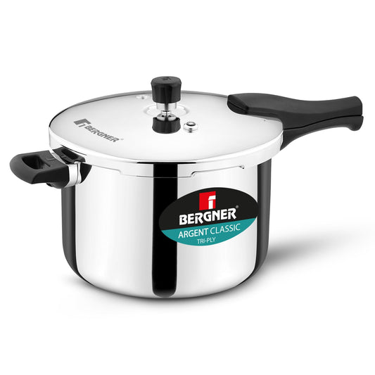 Bergner Argent Classic Triply Stainless Steel 8 Liters Outer Lid Pressure Cooker, Big Size Triply Cooker with Resettable Safety Valve, Sturdy Handle, Easy to Clean - Induction and Gas Stove Ready