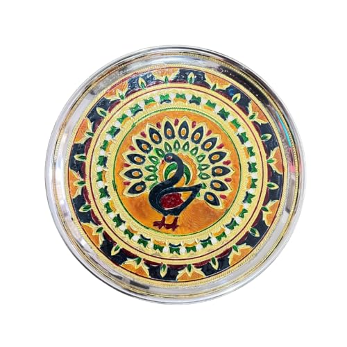 Stainless Steel Embossed Handmade Peacock Design Thali Plate for Puja, Home Decor and Gifts
