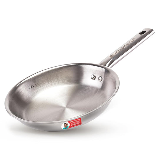 Wonderchef Stella Triply Stainless Steel Fry Pan | 20 cm, 1 litres | Compatible with Gas Stove, Induction, Ceramic Cooktop | Non-Toxic | Uniform Heating | Heavy-Duty Handle | 10-Year Warranty