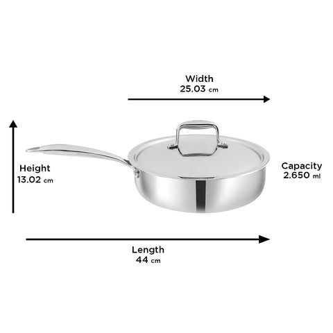 Vinod Platinum Triply Stainless Steel Sautepan with Lid - 2.6 Litre, 24 cm | for Curry/Stir-Fry/Deep-Fry/Sauté/Roast | Induction and Gas Base | 5 Year Warranty - Silver