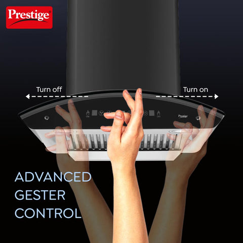 Prestige OSCAR 600 Contemporary Black Kitchen Hood Chimney|Powerful Suction - 1000m3/hr|Digital Display|Auto clean with Heat Technology|Revolutionary Motion Sensor|Baffle Filter|180W|Black & Grey