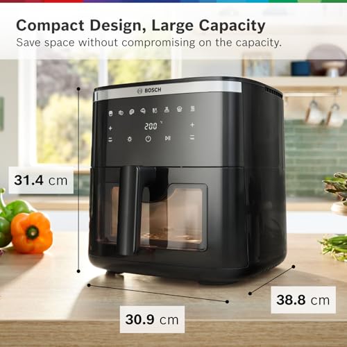 Bosch Crispmaxx Air Fryer 7.2L with baking tray, With Touch Panel,7 Presets menus,Illuminated Viewing Window, Shake Alarm,MAF671B5IN,Black