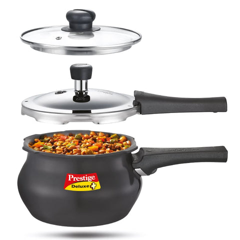 Prestige Deluxe Duo Plus Hard Anodised Outer Lid Handi Pressure Cooker With Stainless Steel Lid 3.0 Liters and Glass lid