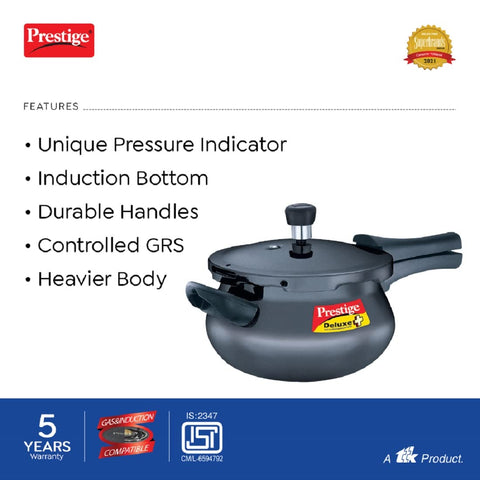 Prestige Deluxe Plus 3 Litre Hard Anodised Pressure Cooker Handi, Black