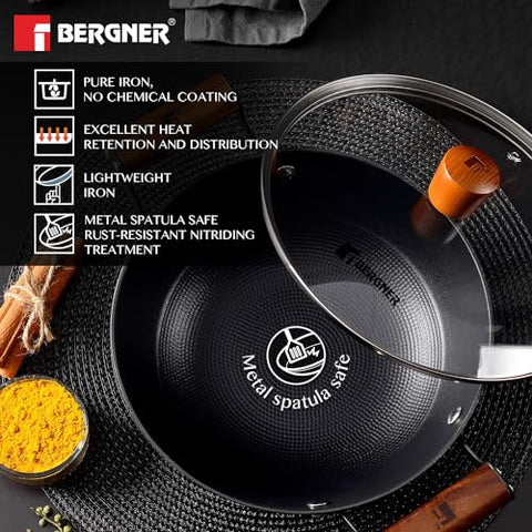 Bergner Odin 28 cm Cast Iron Kadai/Kadhai with Glass Lid, 3.3 L Capacity, For Deep-Fry/Stir-Fry/Curry/Roast/Grill/Serving, Lightweight and Rust Proof Iron, Enamel Finish, Induction and Gas Stove Ready