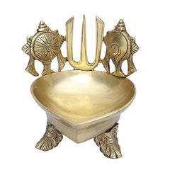 Brass Shankh Chakra Namah Design Diya Over Carved Legs, Deepam Oil for Pooja, Shankha Gada Padma ( Pack of 1).