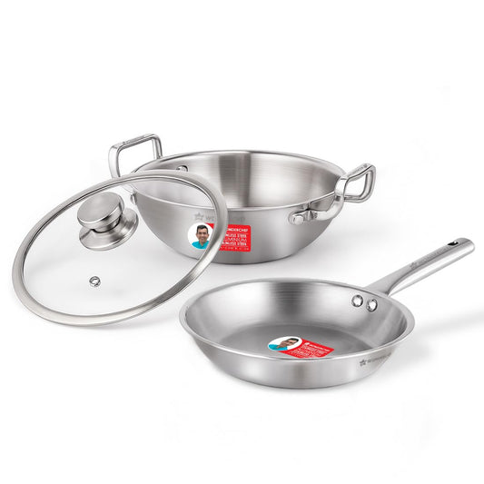 Wonderchef Stella Triply Stainless Steel Cookware Set | 3 Pcs. | Fry Pan 22 cm, Kadhai 22 cm + Lid | for Gas Stove, Induction, Ceramic Cooktop | Uniform Heating | Heavy-Duty Handle | 10-Year Warranty