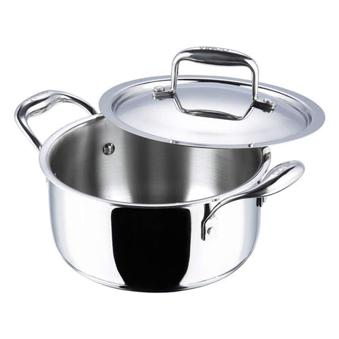 Vinod Platinum Triply Stainless Steel Saucepot with Lid – 20 cm | Biryani & Curry Pot | Induction & Gas Compatible | Easy Clean | 5-Year Warranty | Silver