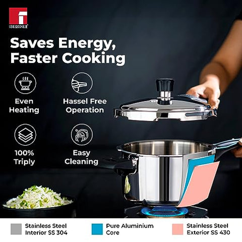 BERGNER Trimax Stainless Steel 3.5 Liters Outer Lid Pressure Pan Silver Steel Cooker Triply Construction Easy Locking Silicone Gasket Easy To Clean Induction And Gas Ready 5-Year Warranty