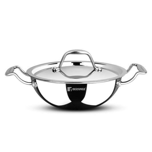 BERGNER Argent Junior Chef Triply Kadai with Stainless Steel Lid, 18cm (1.5 L) Mini Kadhai, Faster and Even Heat, Consumes Less Oil, Healthy Cooking, Easy to Clean - Induction and Gas Stove Ready