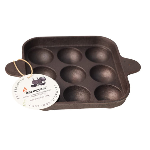 Aarogyam Cast Iron Appam/Kuzhi/Paniyaram/Appe Maker Tawa 9 Cavity Square Double Handle | Pre-Seasoned | Non-Toxic | Naturally Non-Sticky | Gas Compatible | No Chemical Coating