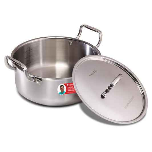 Wonderchef Stella Triply Stainless Steel Casserole with Lid | 24 cm, 4.5 litres | Compatible with Gas Stove, Induction, Ceramic Cooktop | Non-Toxic | Heavy-Duty Handle | 10-Year Warranty