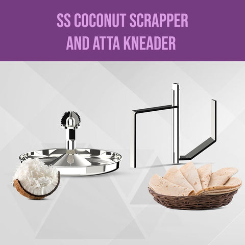 Ultra Grind+ Gold Wet Grinder Celebration Pack | 2L Multiutility Drum with Conical Stones, 1L Spice Mix Drum with Cylindrical Stone, Coconut scraper, Atta kneader & AISI 304 Food Grade Stainless Steel